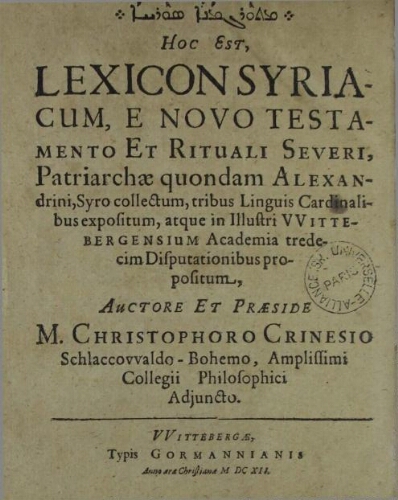 Lexicon Syriacum, e Novo Testamento et rituali Severi, patriarchæ quondam Alexandrini